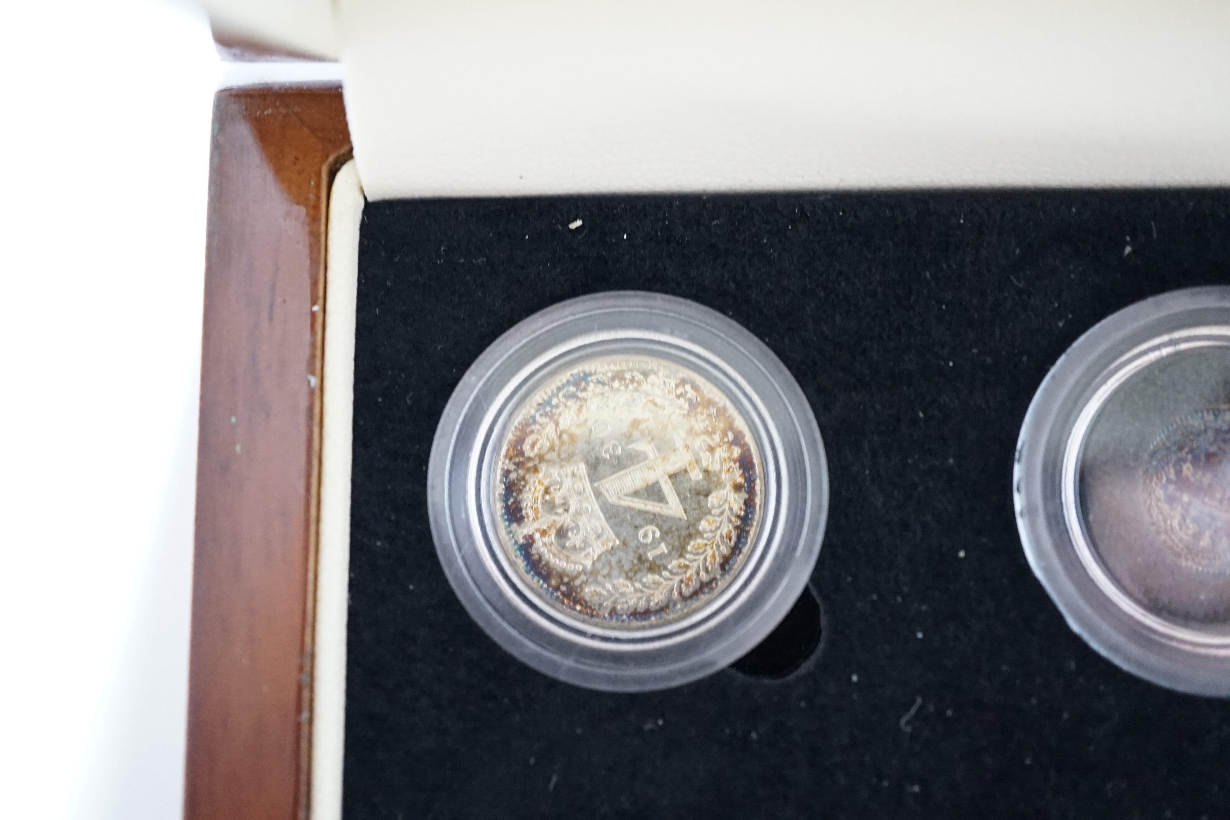 British silver coins, George V four coin set of Maundy coins, toned UNC, in London Mint case